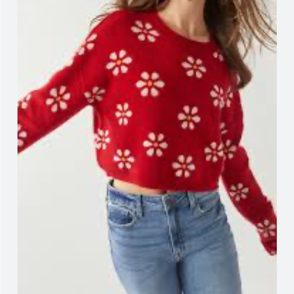 Francesca’s Mi Ami Melany Red Daisy Floral Cropped Sweater Size XL